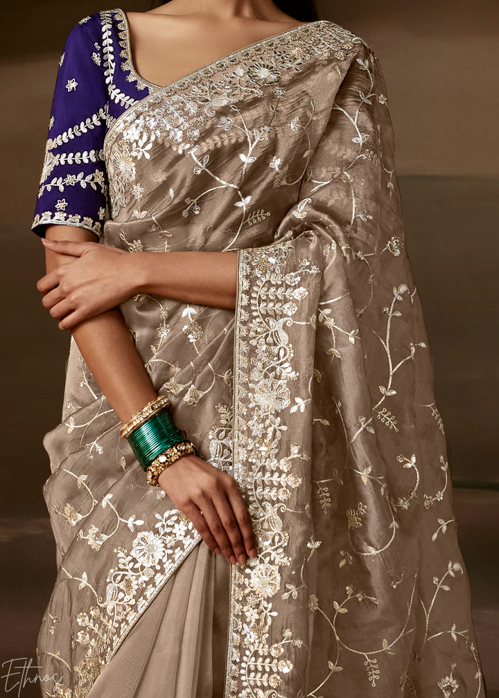 Taupe Beige Cutwork Scallop Border Organza Saree
