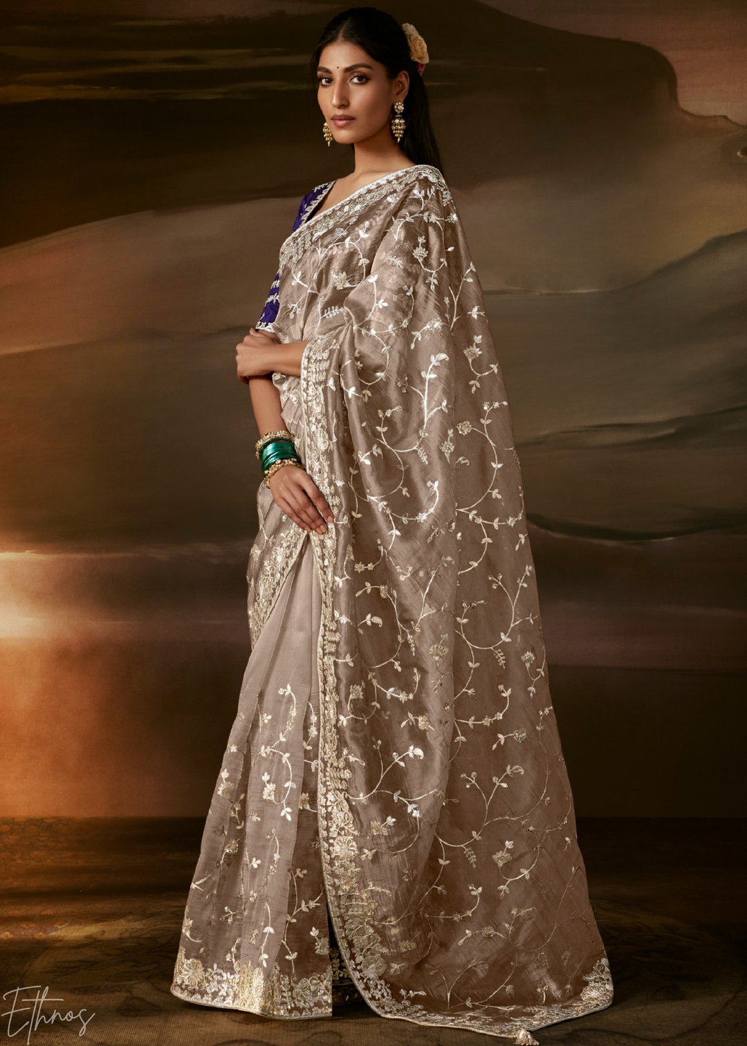 Taupe Beige Cutwork Scallop Border Organza Saree