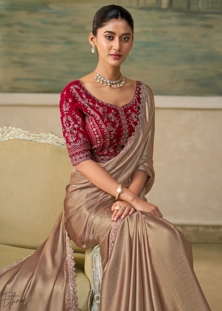 Taupe Beige Ruffle Border Chiffon Saree