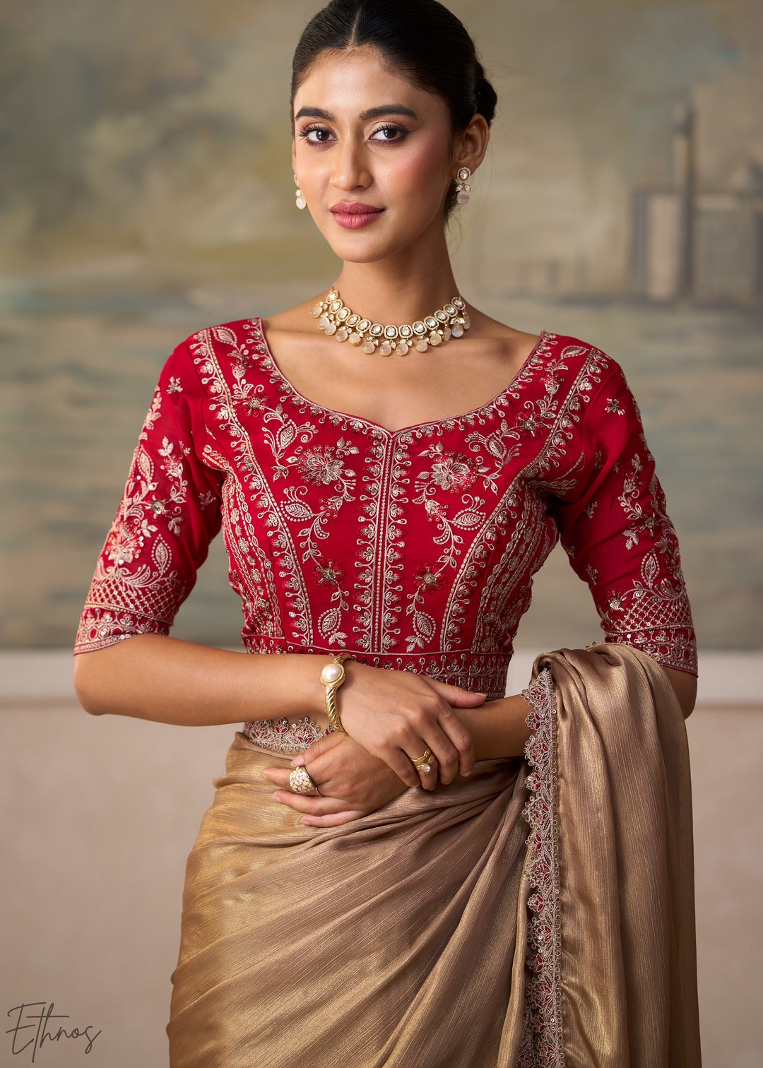 Taupe Beige Ruffle Border Chiffon Saree