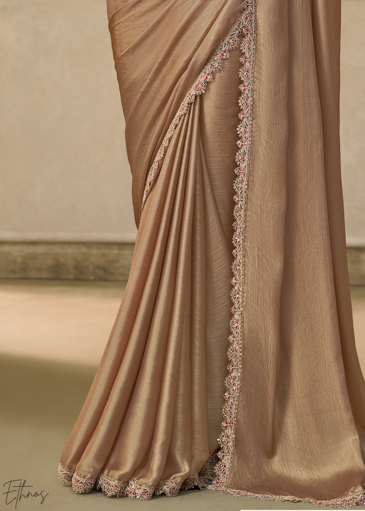 Taupe Beige Ruffle Border Chiffon Saree