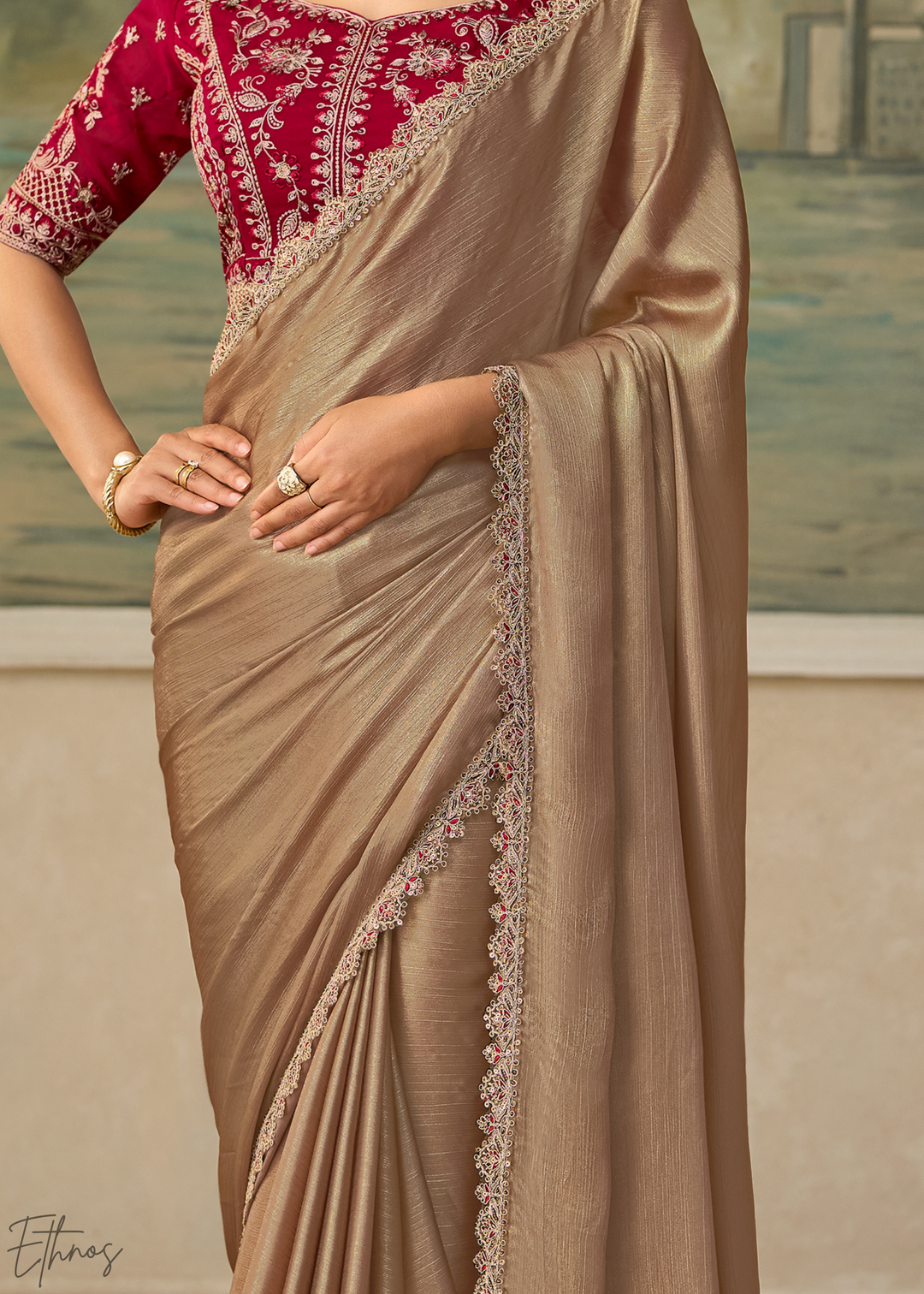 Taupe Beige Ruffle Border Chiffon Saree