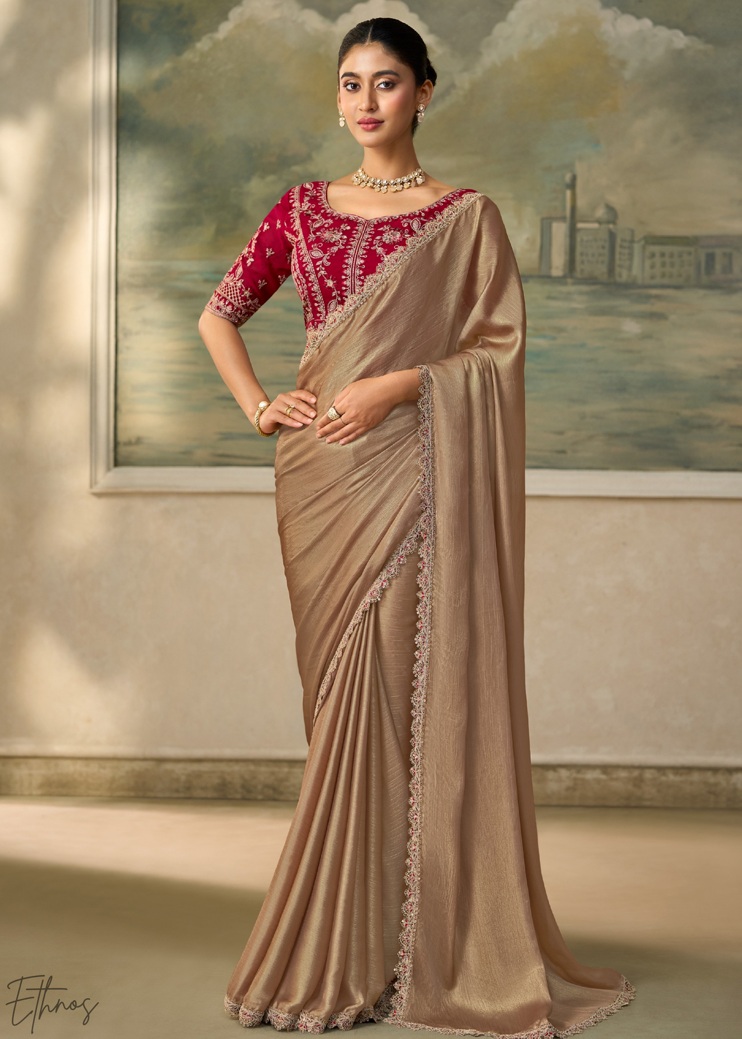 Taupe Beige Ruffle Border Chiffon Saree