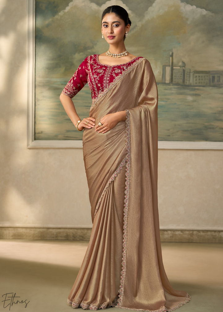 Taupe Beige Ruffle Border Chiffon Saree
