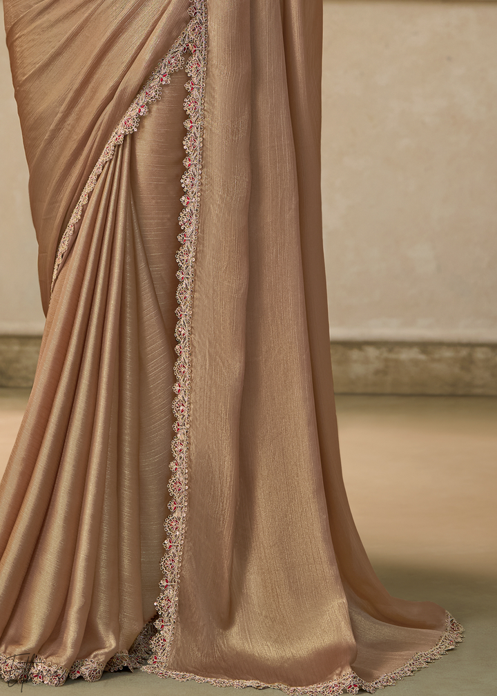 Taupe Beige Ruffle Border Chiffon Saree
