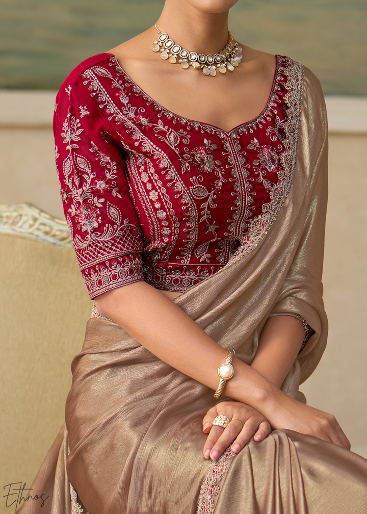 Taupe Beige Ruffle Border Chiffon Saree