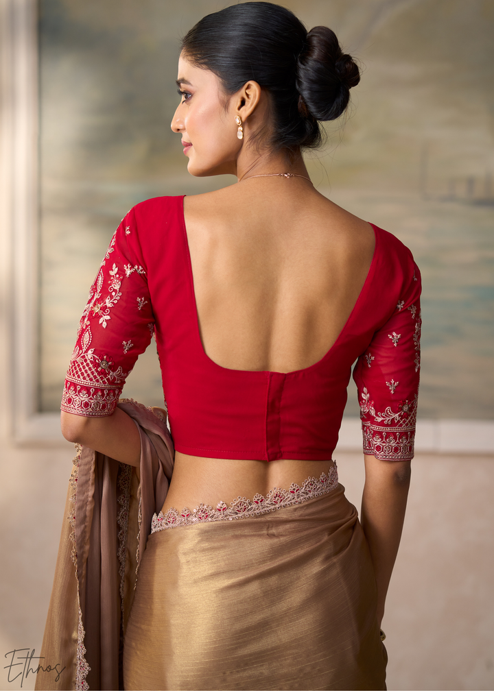 Taupe Beige Ruffle Border Chiffon Saree