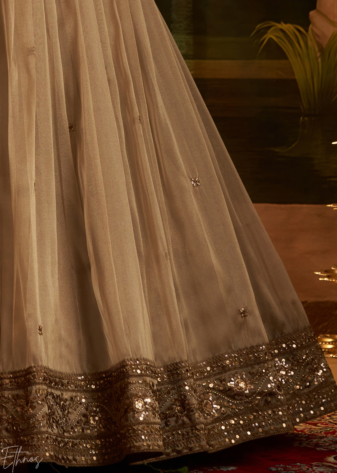 Taupe Gold Embroidered Organza Lehenga Set