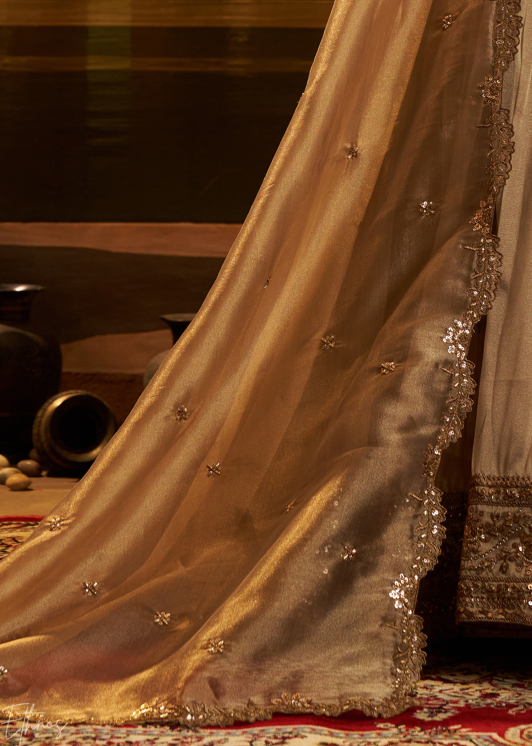 Taupe Gold Embroidered Organza Lehenga Set