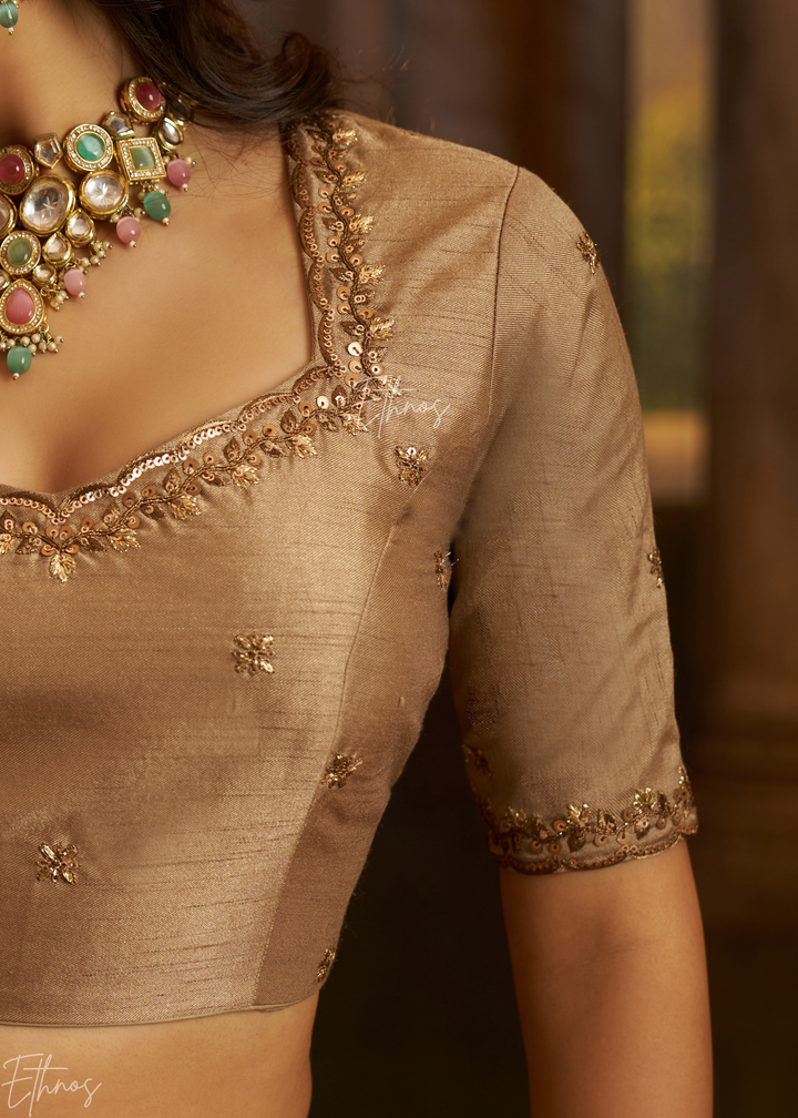 Taupe Gold Embroidered Organza Lehenga Set
