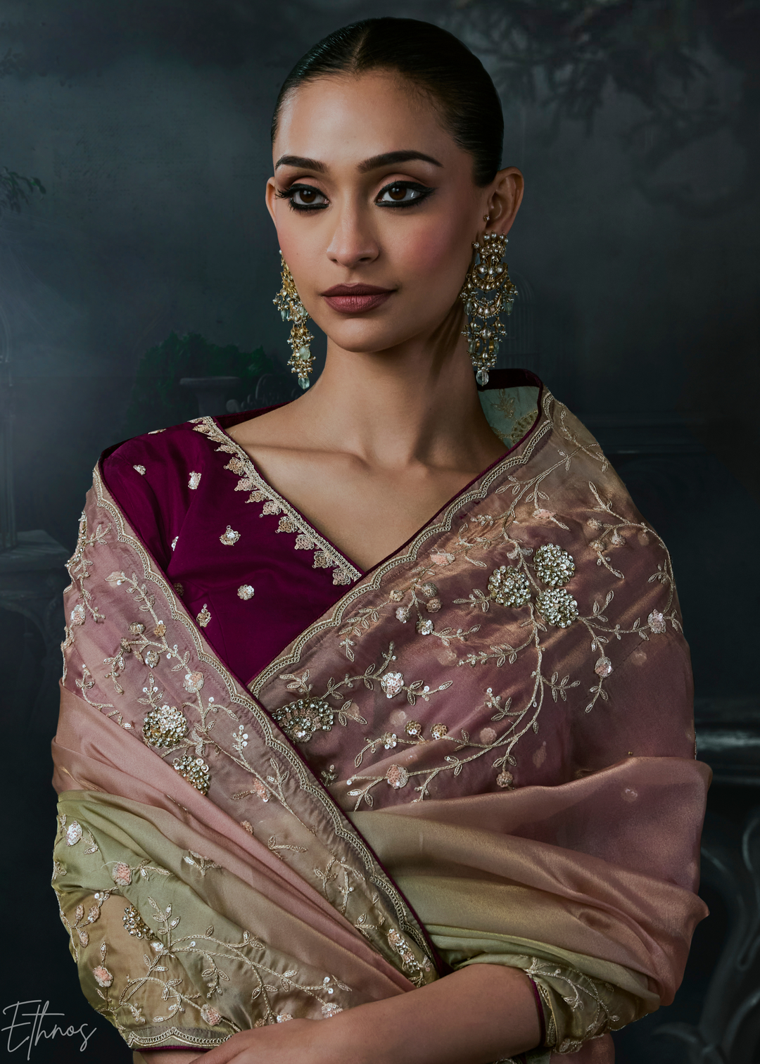 Taupe Grey Dual Shade Organza Silk Saree