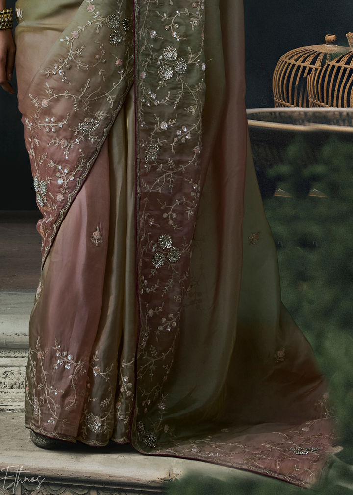 Taupe Grey Dual Shade Organza Silk Saree