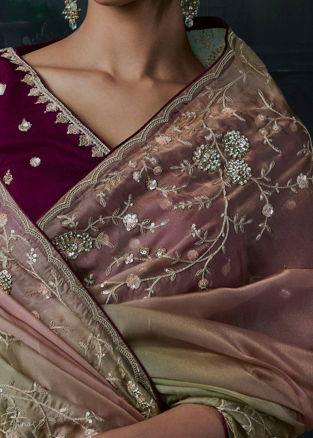 Taupe Grey Dual Shade Organza Silk Saree