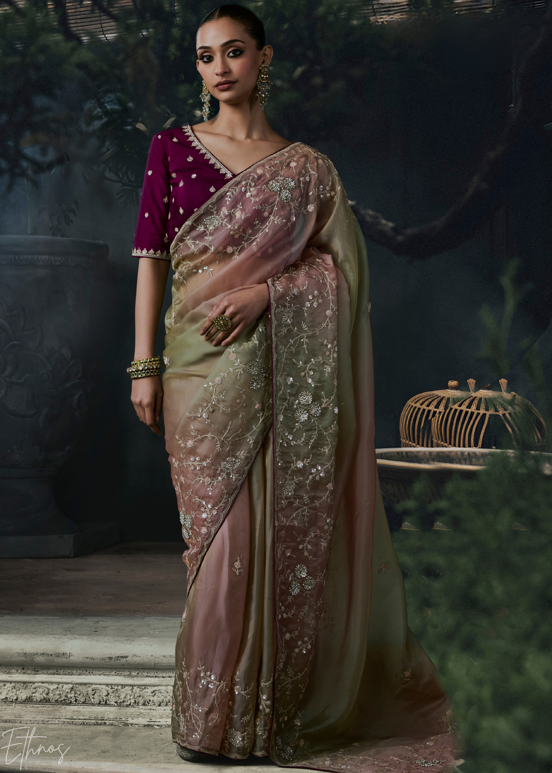 Taupe Grey Dual Shade Organza Silk Saree