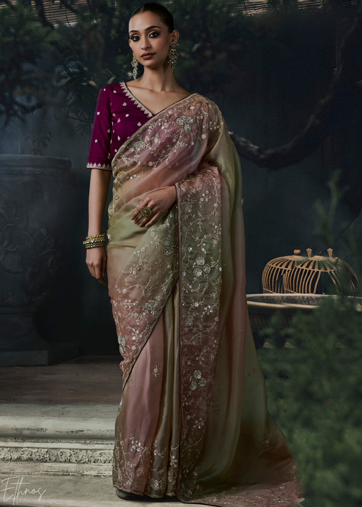 Taupe Grey Dual Shade Organza Silk Saree