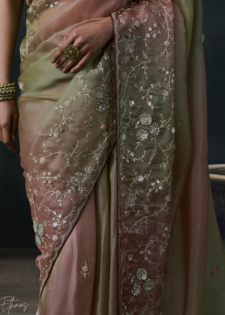 Taupe Grey Dual Shade Organza Silk Saree