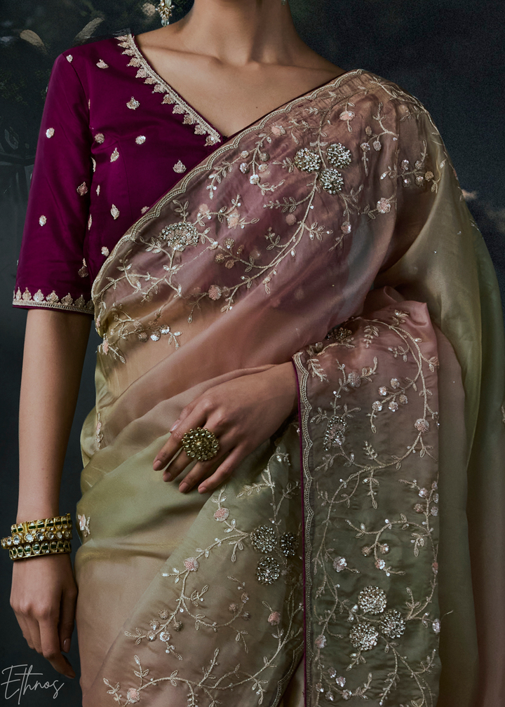 Taupe Grey Dual Shade Organza Silk Saree