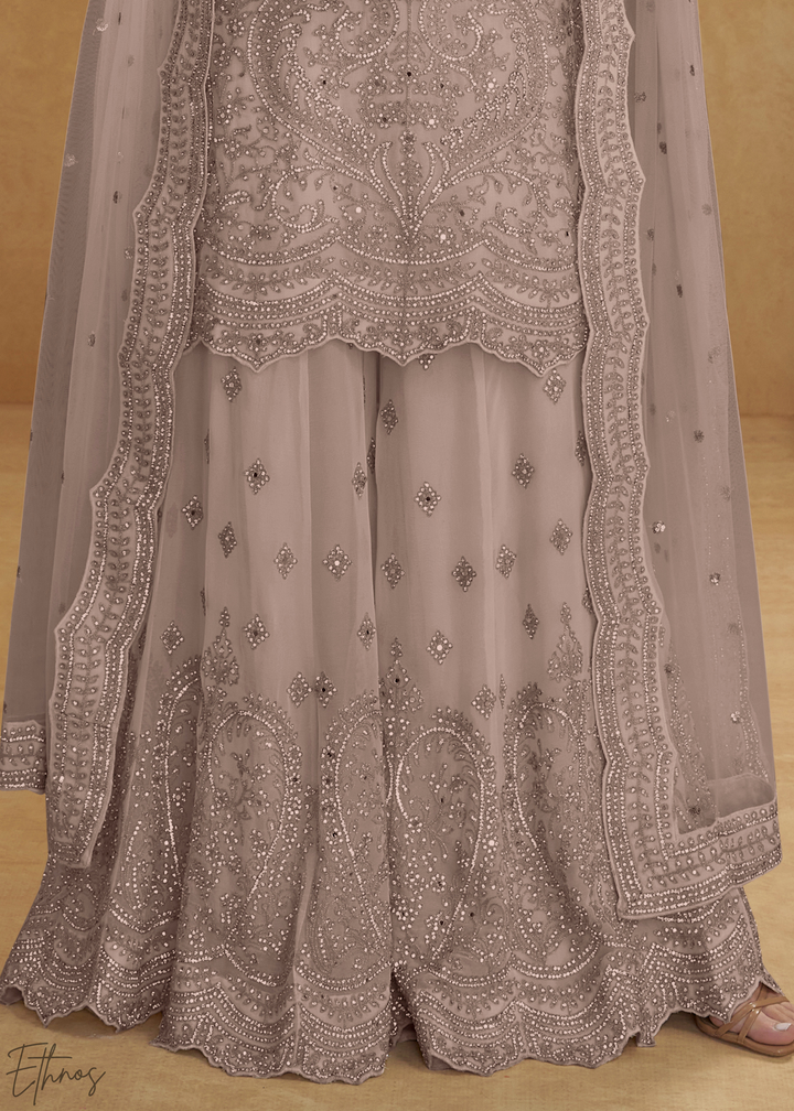 Taupe Grey Floral Embroidered Net Sharara Suit