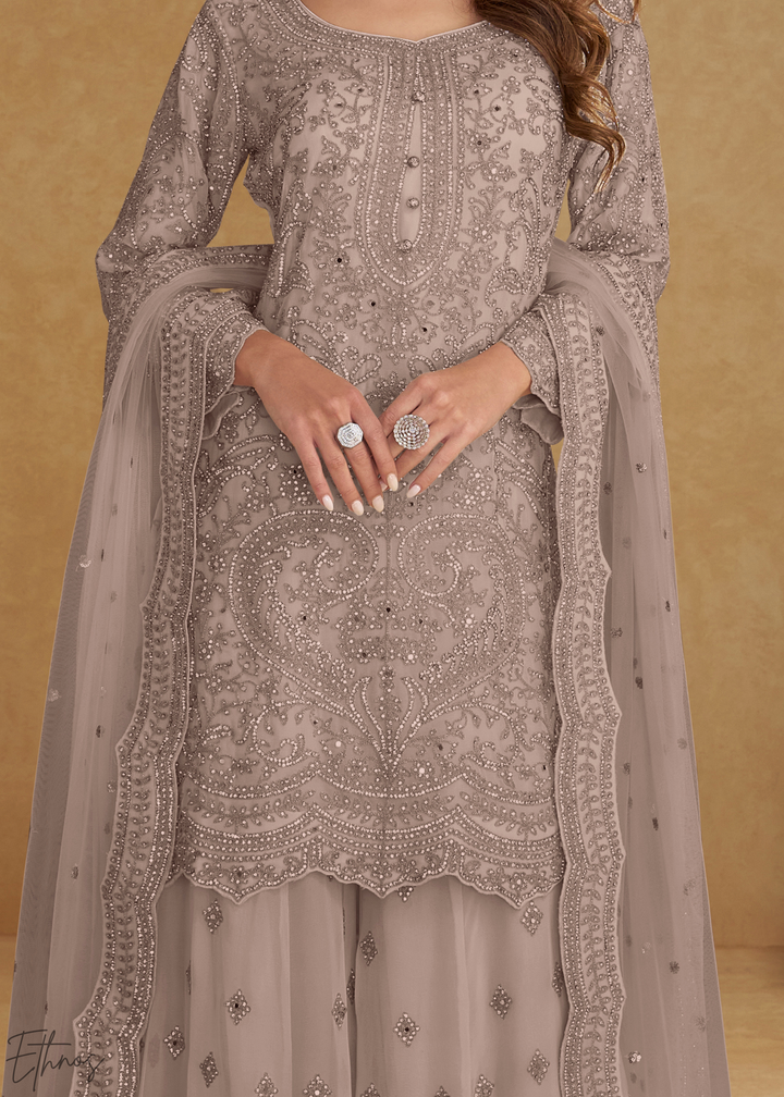 Taupe Grey Floral Embroidered Net Sharara Suit