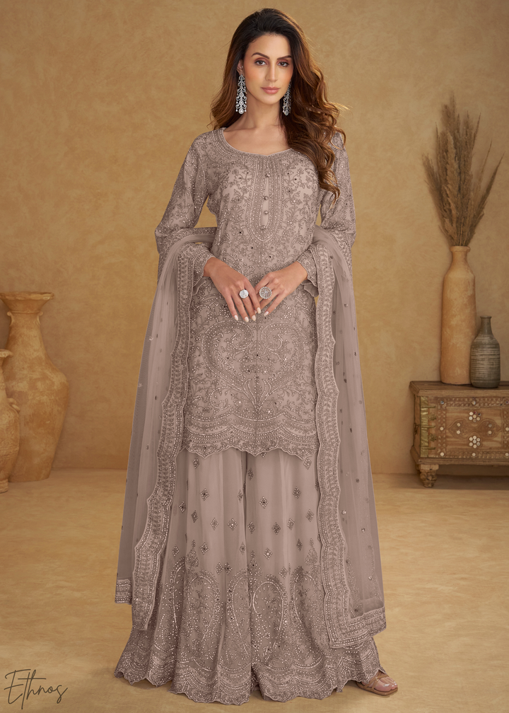 Taupe Grey Floral Embroidered Net Sharara Suit