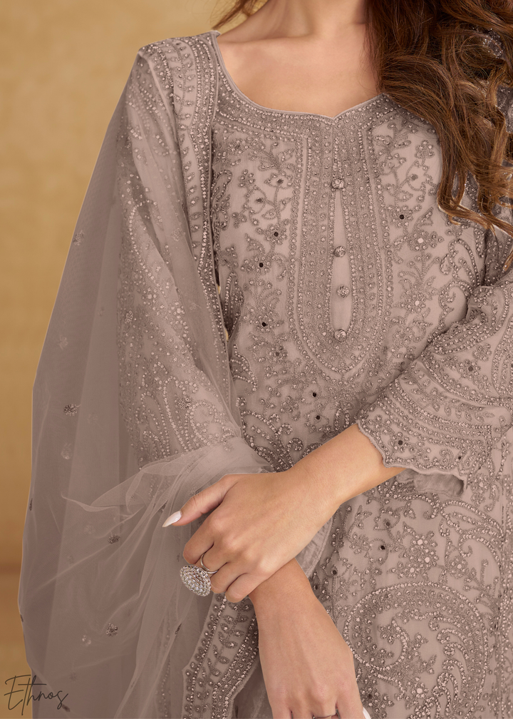 Taupe Grey Floral Embroidered Net Sharara Suit