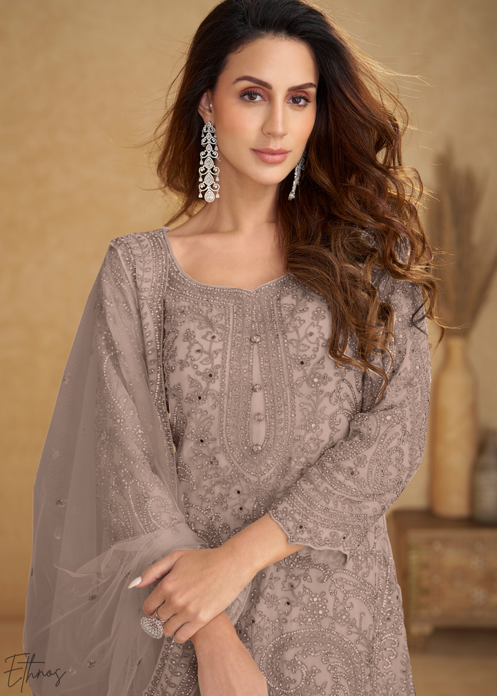 Taupe Grey Floral Embroidered Net Sharara Suit