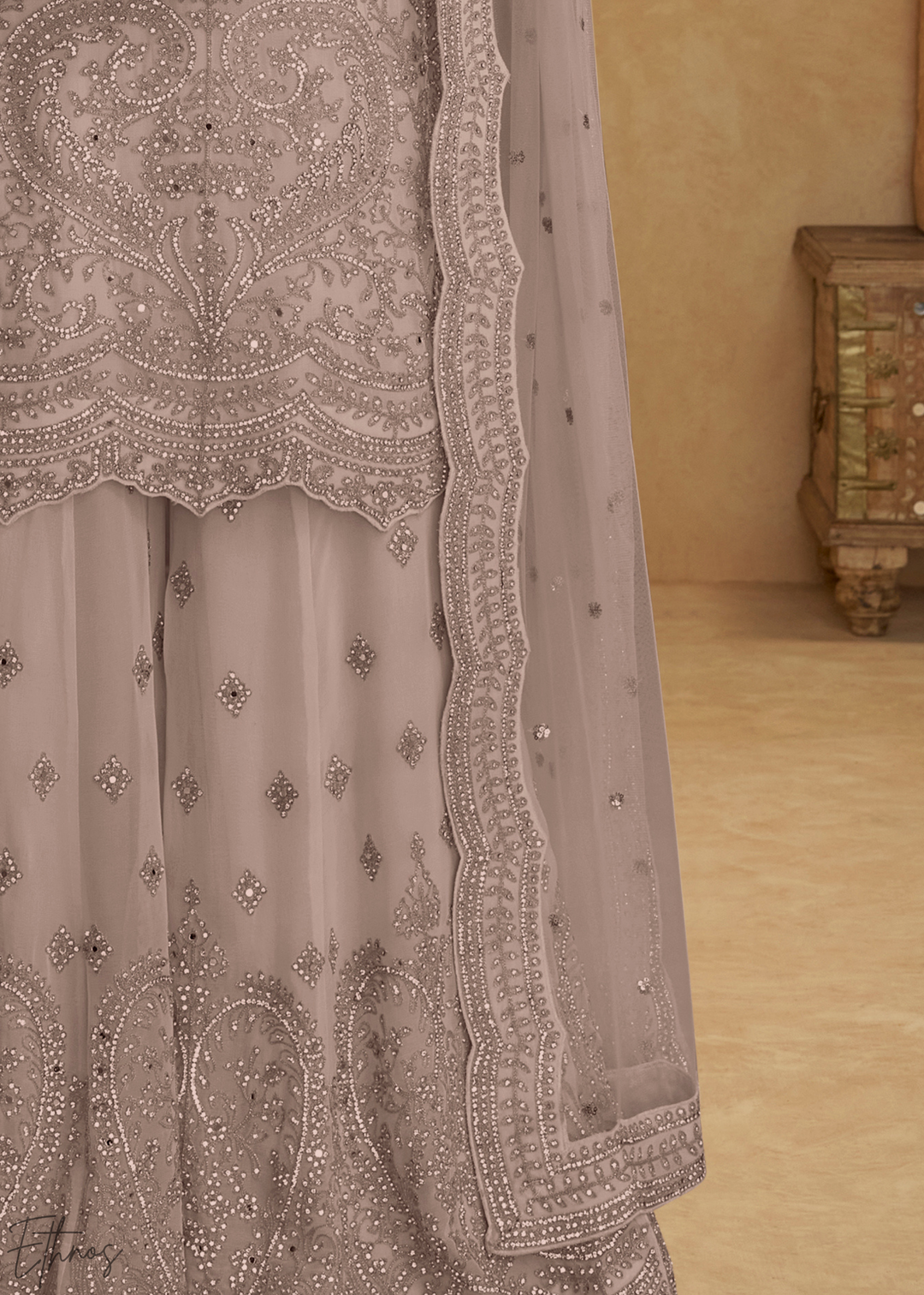 Taupe Grey Floral Embroidered Net Sharara Suit