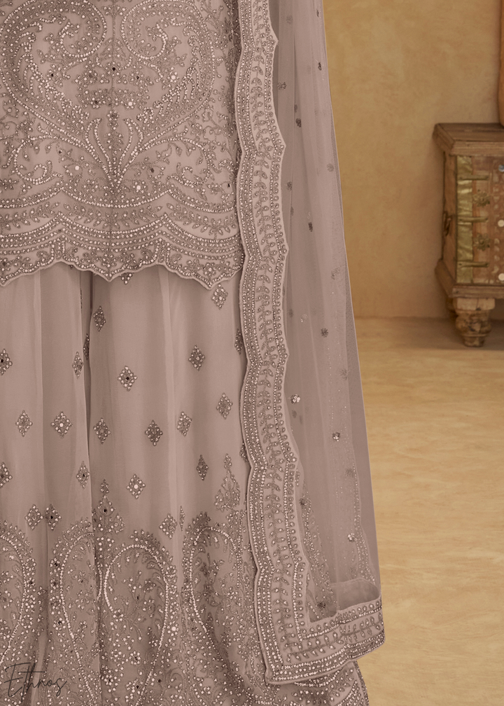 Taupe Grey Floral Embroidered Net Sharara Suit