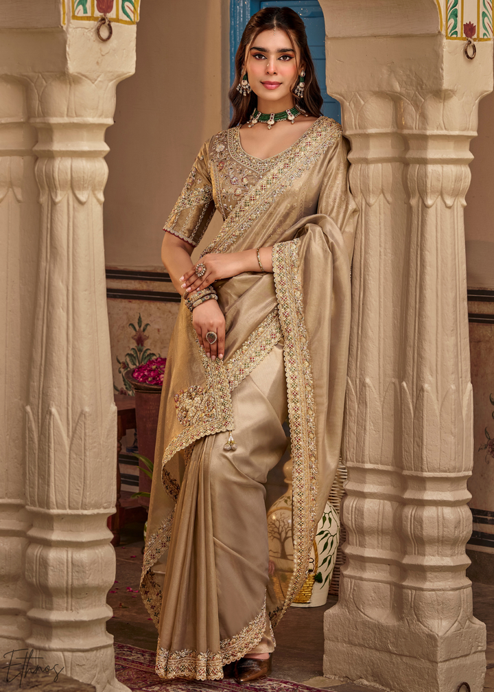Taupe Grey Scallop Border Embroidered Silk Saree