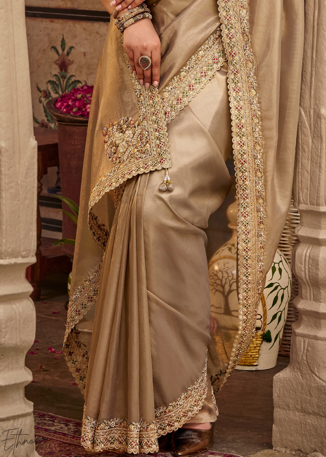 Taupe Grey Scallop Border Embroidered Silk Saree