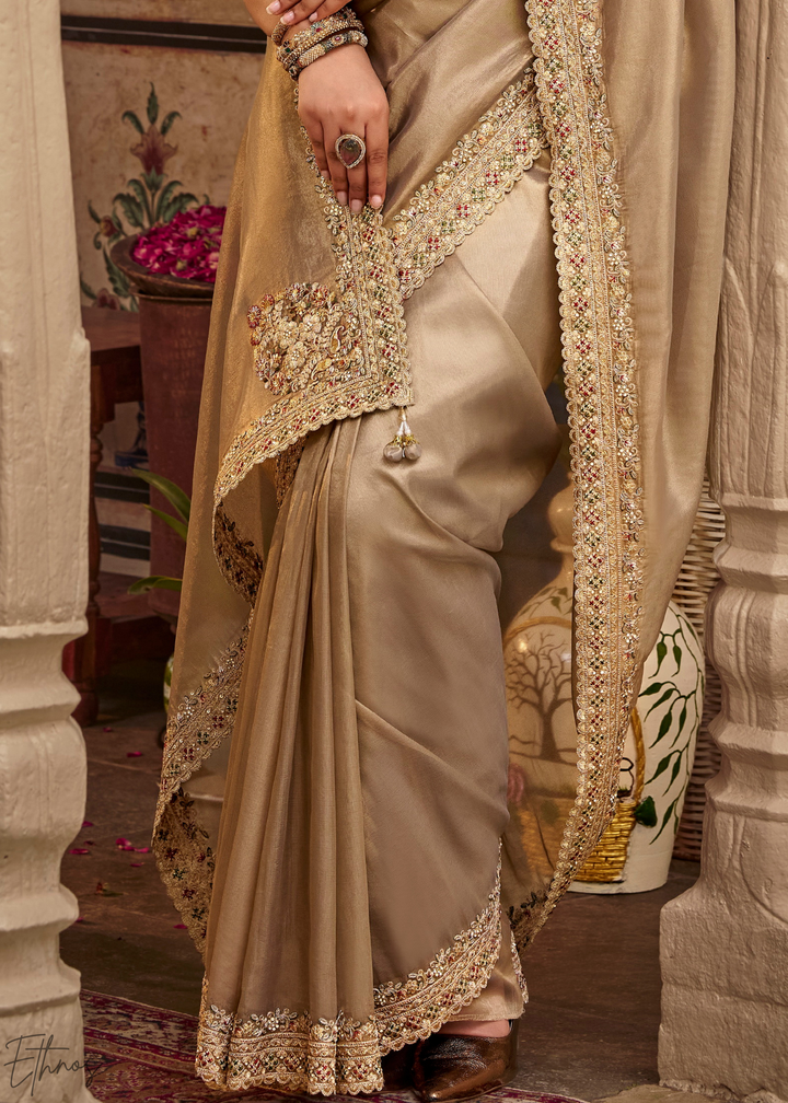 Taupe Grey Scallop Border Embroidered Silk Saree