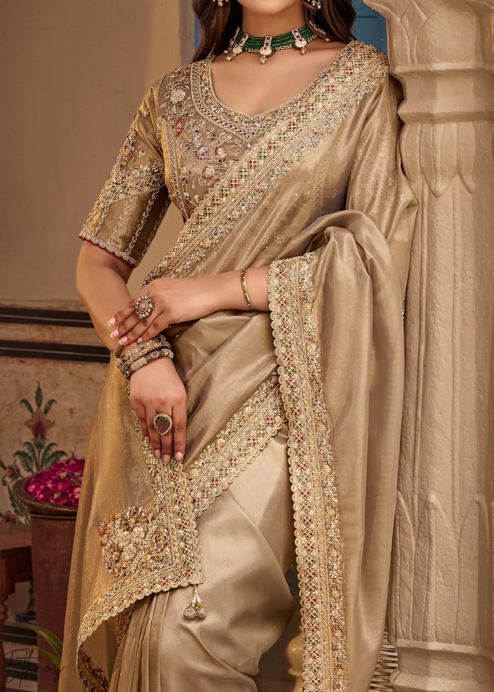 Taupe Grey Scallop Border Embroidered Silk Saree