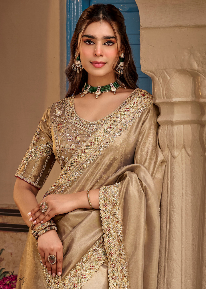 Taupe Grey Scallop Border Embroidered Silk Saree