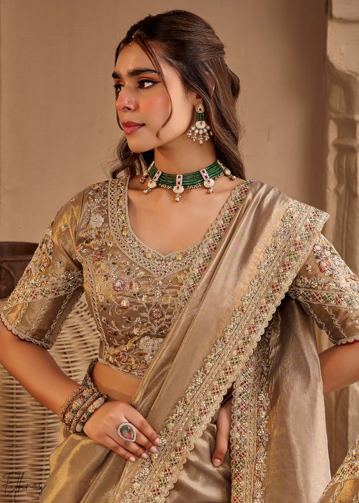Taupe Grey Scallop Border Embroidered Silk Saree