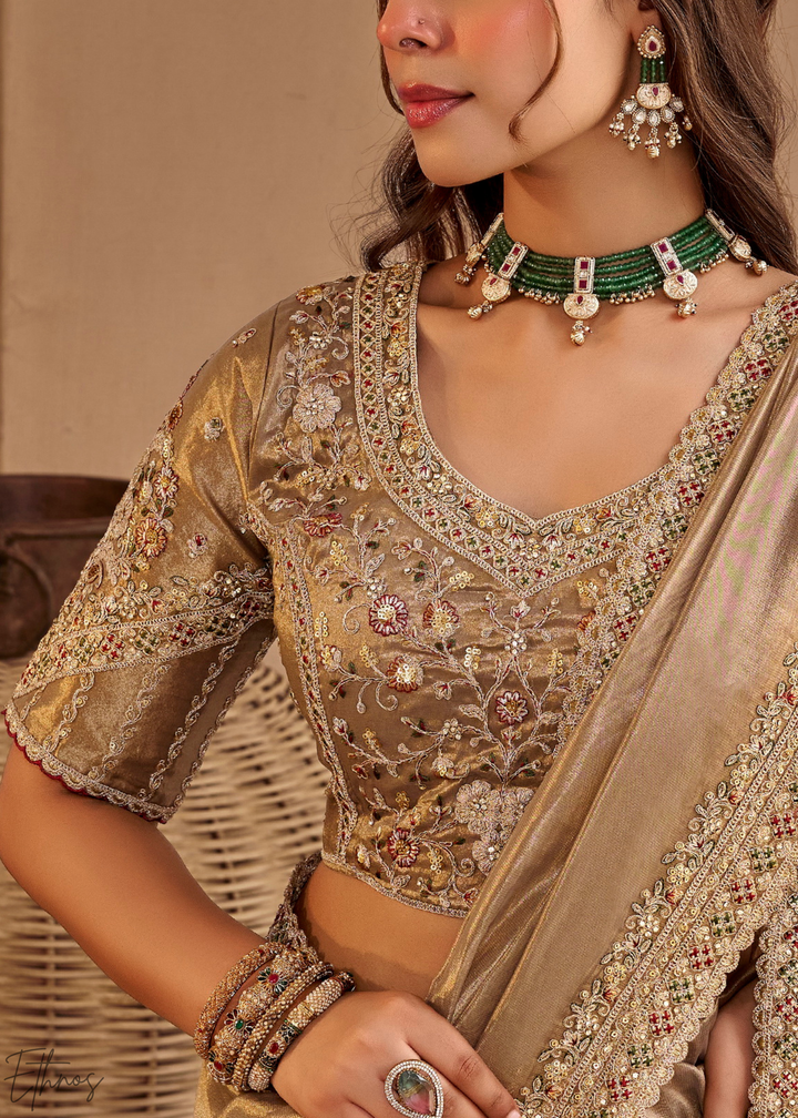 Taupe Grey Scallop Border Embroidered Silk Saree