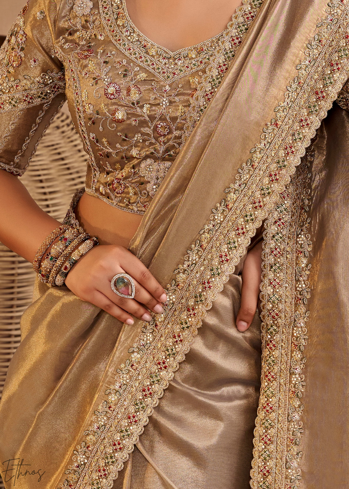 Taupe Grey Scallop Border Embroidered Silk Saree