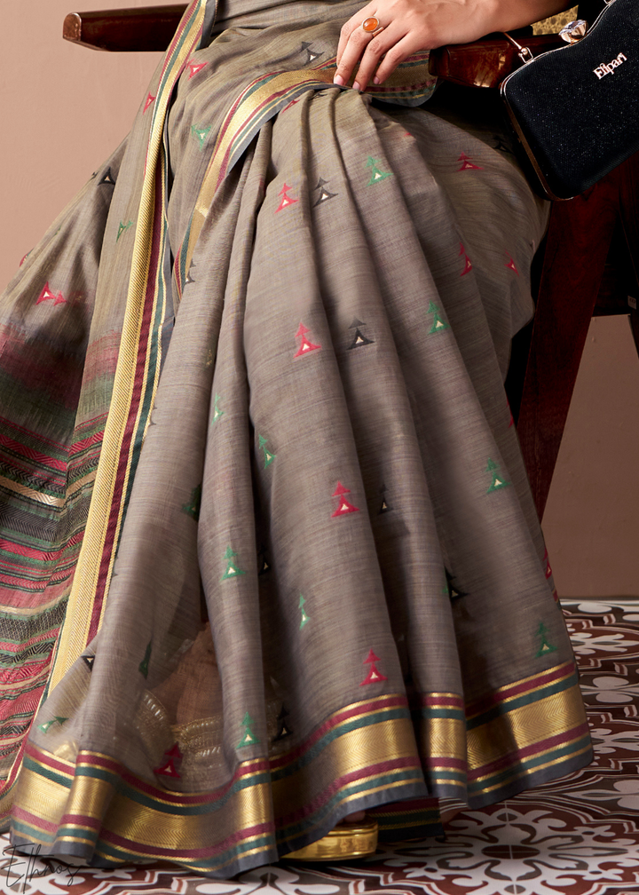 Taupe Grey Zari Striped Pallu Cotton Saree