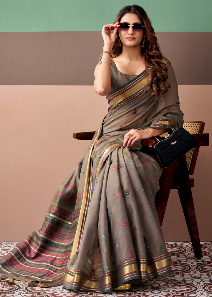 Taupe Grey Zari Striped Pallu Cotton Saree