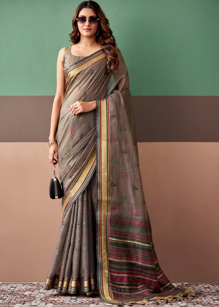 Taupe Grey Zari Striped Pallu Cotton Saree