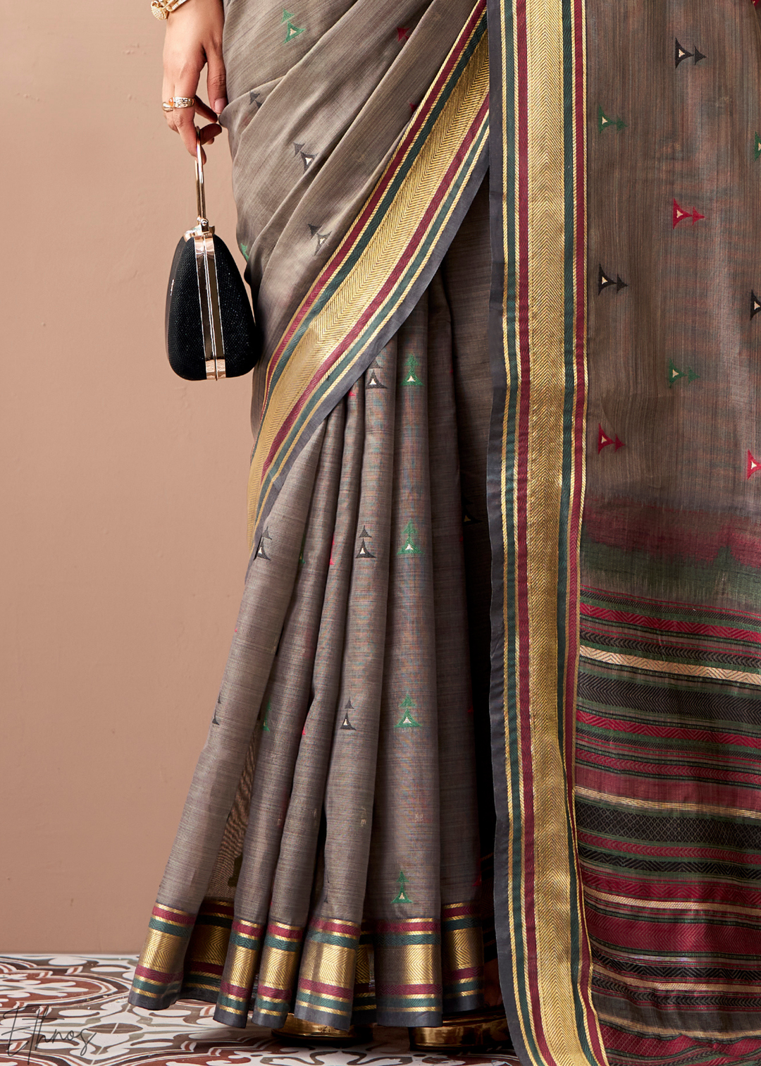 Taupe Grey Zari Striped Pallu Cotton Saree