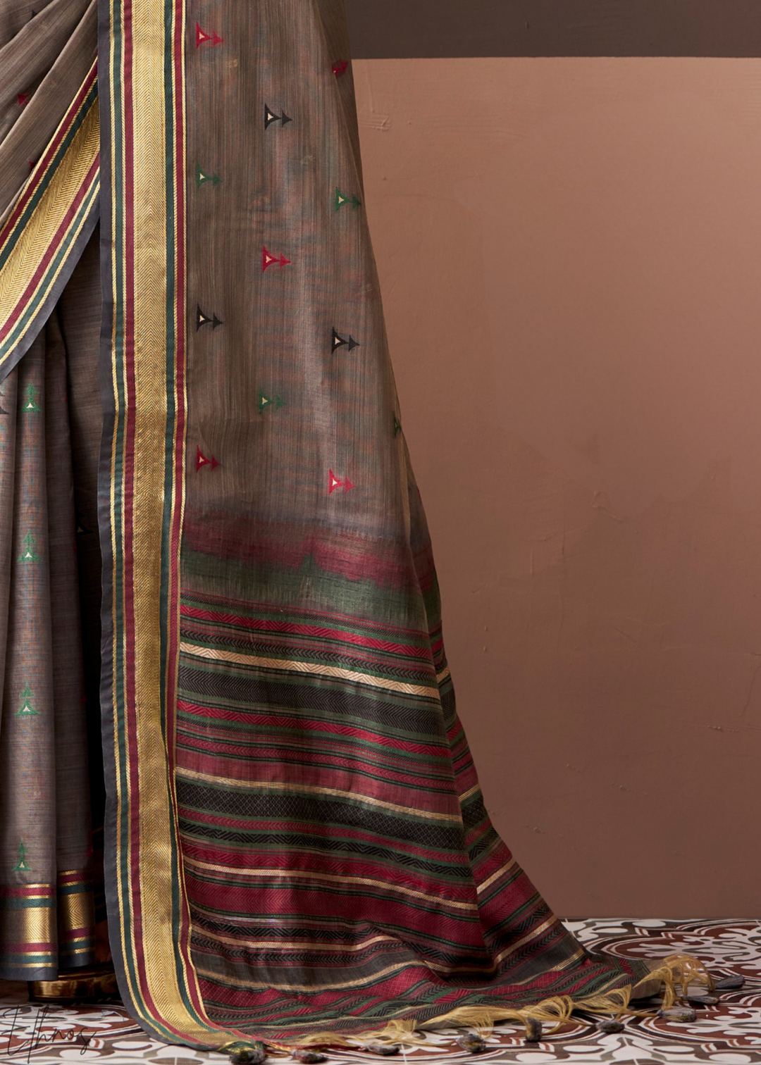 Taupe Grey Zari Striped Pallu Cotton Saree
