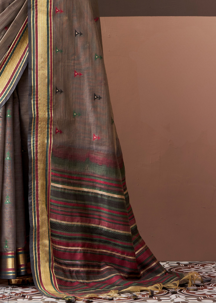 Taupe Grey Zari Striped Pallu Cotton Saree