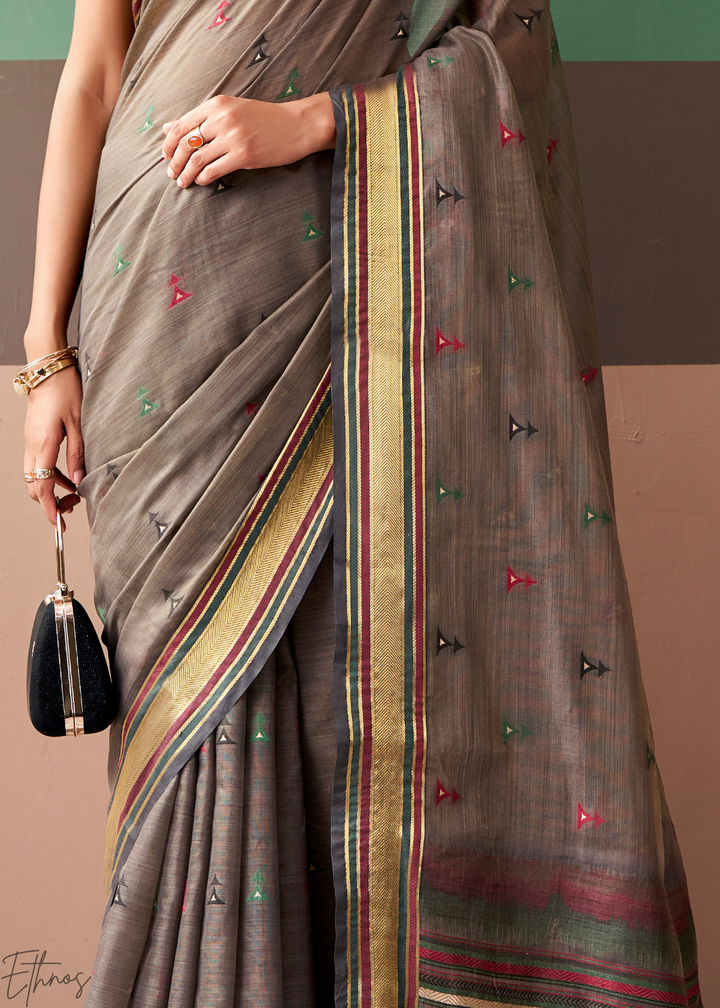 Taupe Grey Zari Striped Pallu Cotton Saree