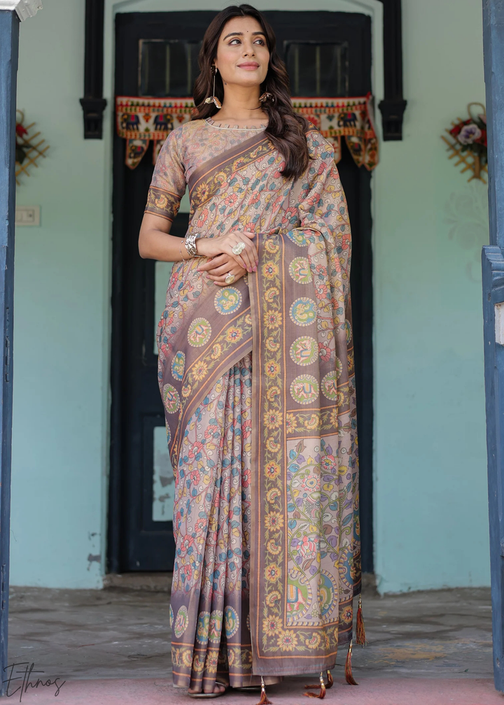Taupe Royal Heritage Cotton Linen Saree
