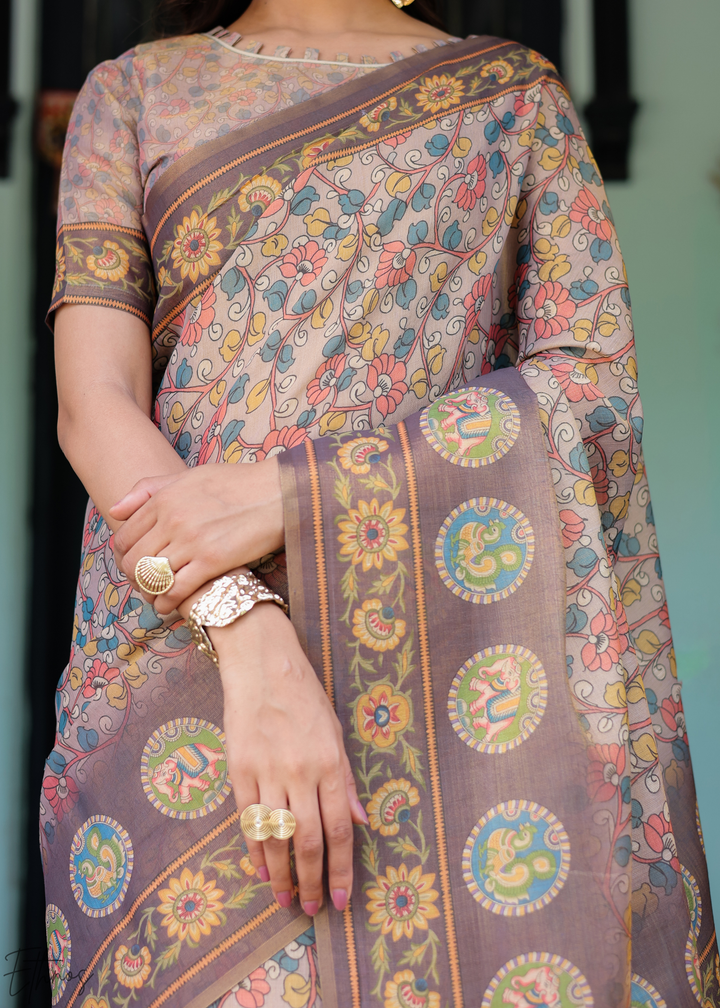 Taupe Royal Heritage Cotton Linen Saree