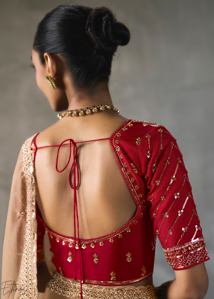 Taupe Floral Scallop Beaded Border Silk Saree