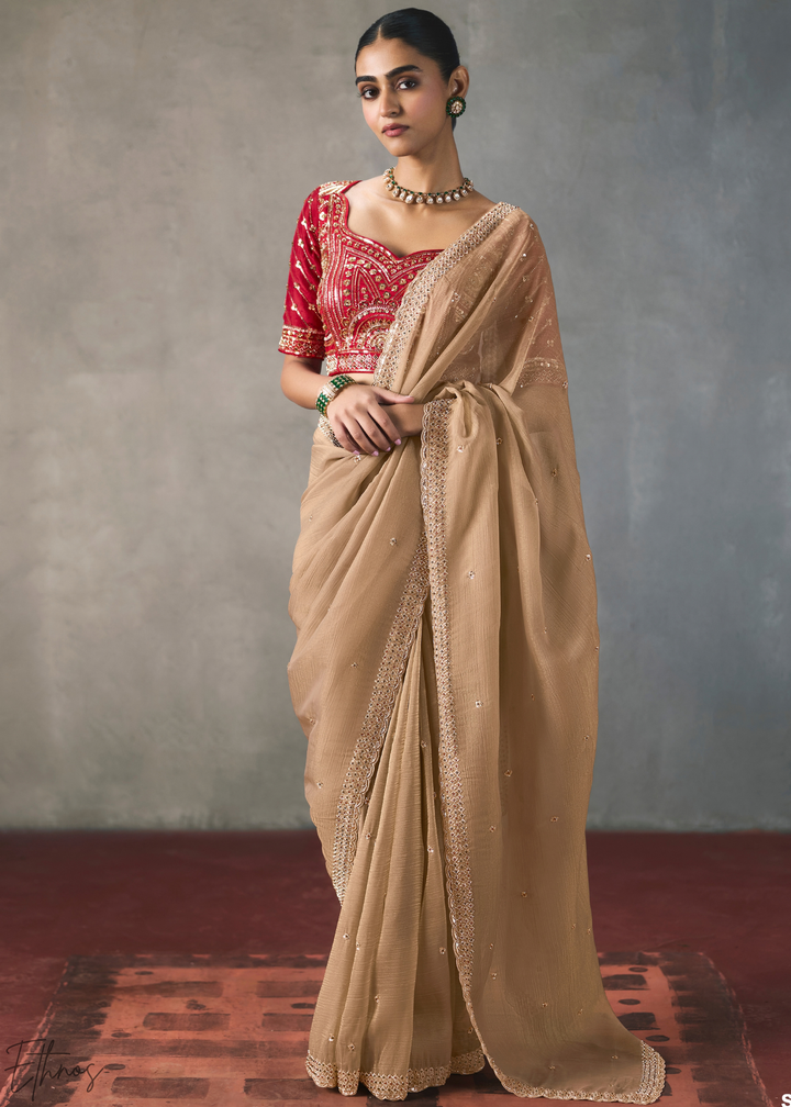 Taupe Floral Scallop Beaded Border Silk Saree