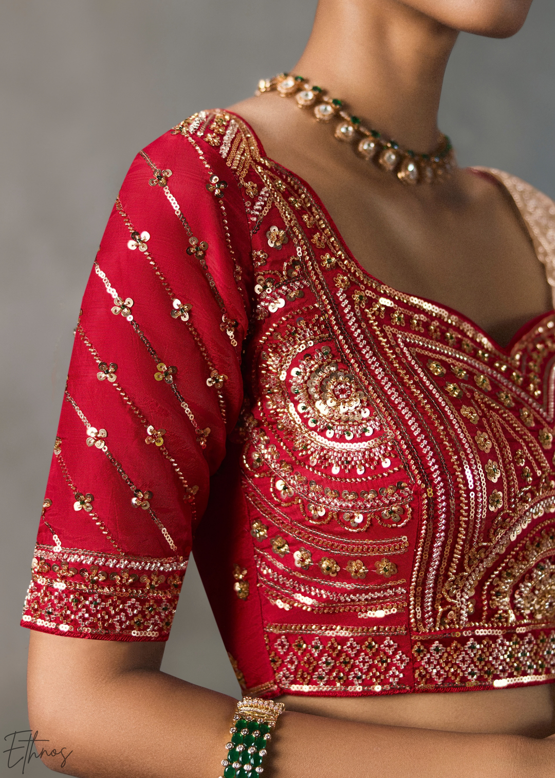 Taupe Floral Scallop Beaded Border Silk Saree