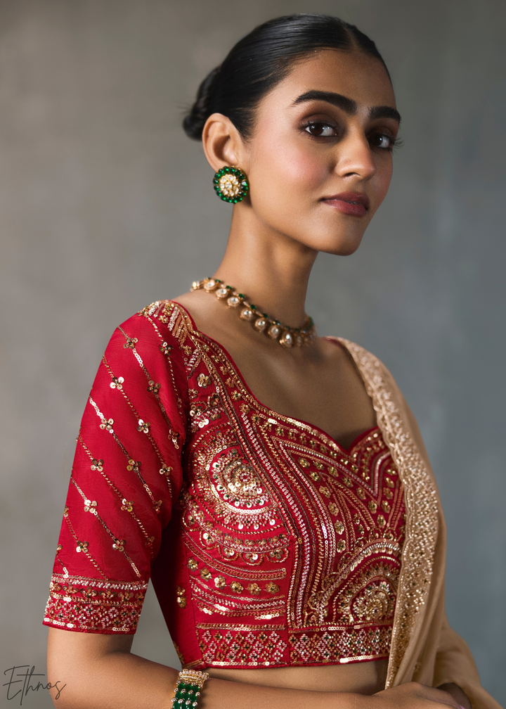 Taupe Floral Scallop Beaded Border Silk Saree