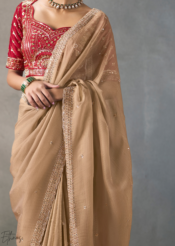 Taupe Floral Scallop Beaded Border Silk Saree